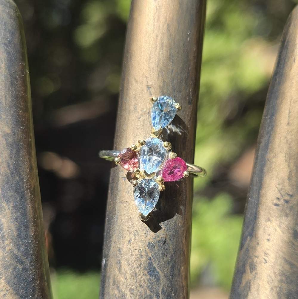 Blue Topaz 6k & Tourmaline Stering & Gold Ring Sz6 - Picture 4 of 8